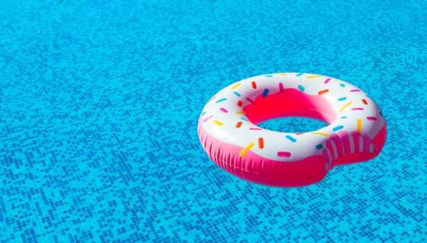 A uniquely designed inflatable ring, echoing a delectable doughnut, floats in the azure swimming