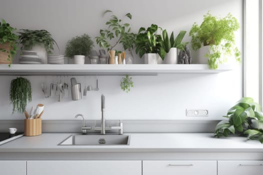 on white kitchen shelves stand green potted plants.