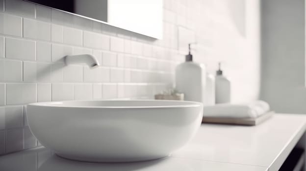 Stylish vessel sink on white countertop in modern white bathroom .