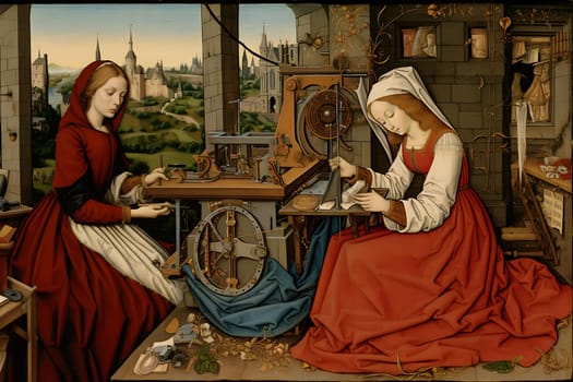 Two period women working in a workshop next to a medieval castle. THE ENTERPRISING WOMAN. High quality photo