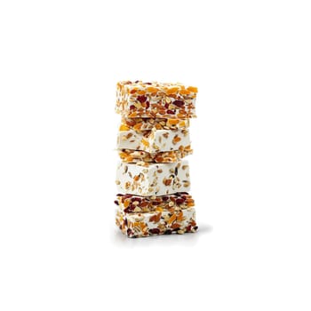 Nougat with nuts and dried fruit pieces in chewy texture pulled apart Food and culinary. Food isolated on transparent background.