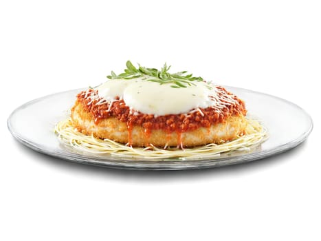 Chicken parmigiana breaded chicken with marinara and mozzarella served on a transparent glass dish Italian. Food isolated on transparent background.