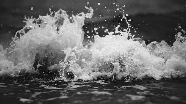 A close-up black and white photo of a wave crashing against the ocean surface, creating a spray of water and foam - Generative AI