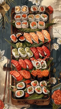 Artistic illustration of colorful sushi pieces on a tray, surrounded by abstract floral and wave patterns