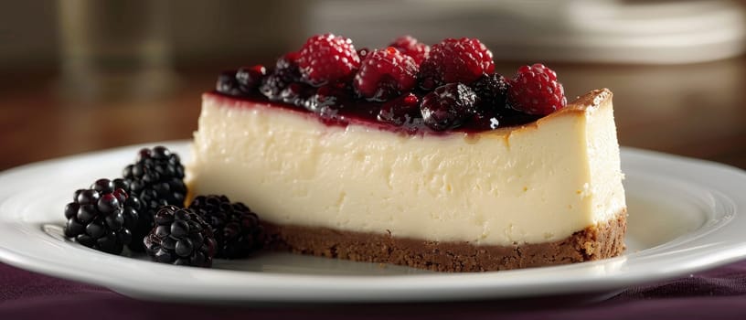 Elegant slice of cheesecake topped with mixed berries on a white plate, a delicious dessert