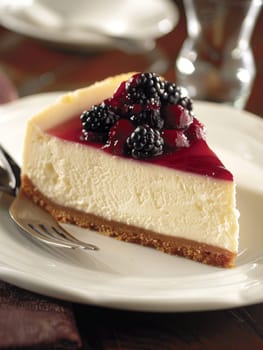 A slice of cheesecake with a thick graham cracker crust and a topping of fresh blackberries