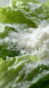Close-up of fresh green lettuce leaves sprinkled with white grated cheese, highlighting texture and freshness