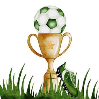 Football Watercolor. Hand drawn composition of a trophy cup, football and sports boot. Clip art of championship equipment on isolated white background. Ideal for posters, flyers and game posters. High quality illustration