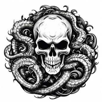 Skull on snake background. Decorative design element, template for sticker, poster, t-shirt, etc. 