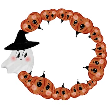 Cute halloween watercolor. Hand drawn watercolor kawaii monster in a round pumpkin frame. Clip art of the face of a typical ghost isolated on a white background. Ideal for decorating invitations and cards for Halloween. High quality illustration