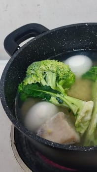 Green cabbage vegetables broccoli and eggs food. High quality photo