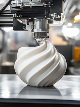 A 3D printer in action, creating a white spiral-shaped object with intricate layers, showcasing advanced manufacturing technology and precision engineering.