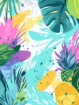 Vibrant abstract tropical art with colorful leaves, flowers, and fruits, creating a lively and energetic summer-themed illustration.