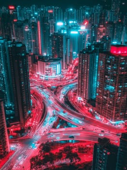 Aerial view of a futuristic cityscape at night with neon-lit skyscrapers and intricate highway interchanges, showcasing urban development and technology.