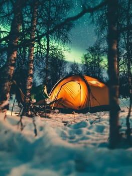 Illuminated tent in snowy forest with the Northern Lights dancing in the starry night sky, creating a magical winter camping scene.