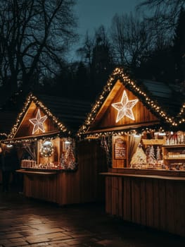 Cozy wooden stalls adorned with twinkling lights and decorative stars at a Christmas market, offering a warm and inviting atmosphere.