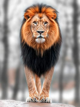 Close-up portrait of a regal male lion with a magnificent mane, intense gaze, and powerful presence against a blurred natural background.