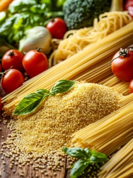 Various types of pasta with fresh ingredients including tomatoes, basil, and couscous, arranged on a rustic wooden surface.
