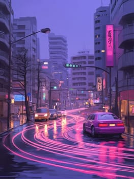 Rainy night cityscape with neon lights reflecting on wet streets, featuring vibrant purple and pink hues in a futuristic urban setting.