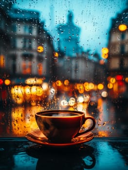 Steaming cup of coffee on a windowsill with raindrops, overlooking a blurred cityscape with warm glowing lights in the background.