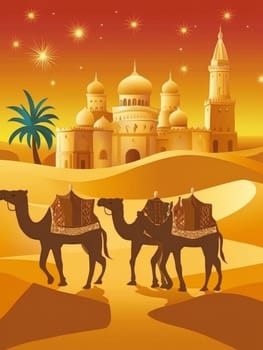 Enchanting illustration of golden palace domes and minarets in a desert oasis at dusk, with camels in the foreground and stars twinkling in the orange sky.