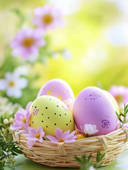 Colorful decorated Easter eggs nestled in a wicker basket surrounded by delicate spring flowers, set against a soft pastel background.