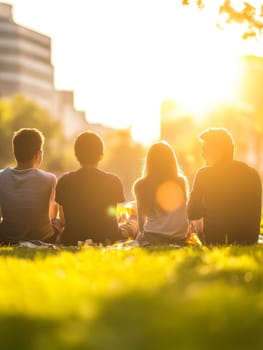 Silhouette of four friends sitting on grass, enjoying a golden sunset in an urban park with city buildings in the background.