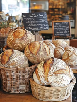 Freshly baked artisanal bread loaves in wicker baskets at a bakery, with handwritten menu boards in the background, showcasing rustic and traditional baking.