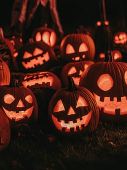 Multiple carved pumpkins with glowing faces arranged on grass, creating a spooky Halloween atmosphere with warm orange light in the darkness.