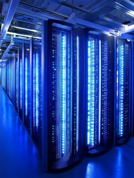 Interior of a high-tech data center with rows of server racks illuminated by blue LED lights, showcasing advanced computing and network infrastructure.