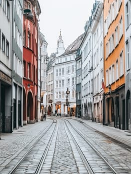 Colorful historic buildings line a narrow cobblestone street with tram tracks, showcasing classic European architecture and urban charm.