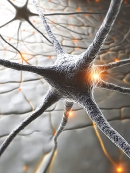 Microscopic view of a neuron synapse with glowing electrical impulses, illustrating the complexity of brain function and neural connections.