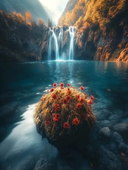 Majestic waterfall cascading into a turquoise pool, surrounded by vibrant autumn foliage and a colorful flower-covered rock in the foreground.