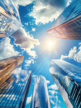 Low angle view of sleek glass skyscrapers reflecting clouds and sunlight, showcasing modern architecture and urban development.