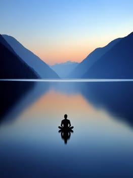 Silhouette of a person meditating on a calm mountain lake at sunset, surrounded by majestic peaks and reflecting the colorful sky.