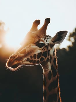 Close-up profile of a giraffe's head and neck backlit by a golden sunset, showcasing the animal's unique features and gentle expression.