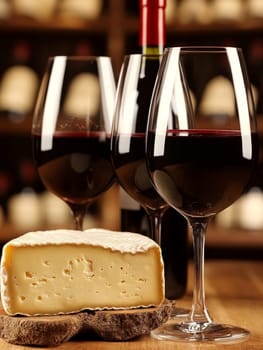 Elegant display of red wine glasses and a wedge of artisanal cheese on a rustic wooden surface, perfect for gourmet tasting and fine dining.