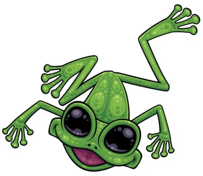 Cartoon illustration of a cute and happy little green tree frog smiling.