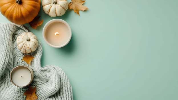 A warm cup of coffee sits beside decorative pumpkins and candles, accented by vibrant autumn leaves, creating a cozy atmosphere perfect for fall.