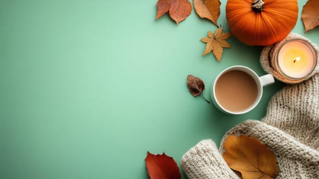 A warm cup of coffee sits beside decorative pumpkins and candles, accented by vibrant autumn leaves, creating a cozy atmosphere perfect for fall.