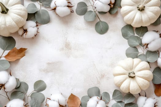 A collection of white pumpkins alongside cotton bolls and green leaves create a serene autumn display on a pastel background, ideal for seasonal decor inspirations.