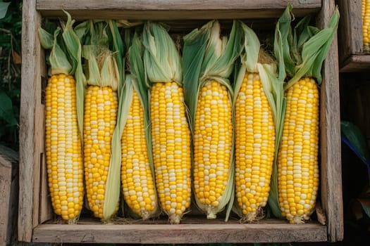 A wooden crate filled with fresh sweet corn, displaying bright yellow kernels nestled within their green husks. The natural wood backdrop adds rustic charm.