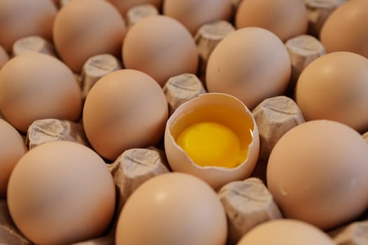 Flat lay Close-up view of raw chicken eggs in egg paper box. One egg cracked showing the yolk. Top view Natural organic egg. Fresh chicken eggs