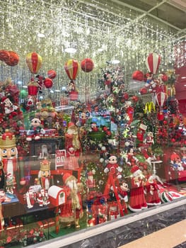 São Paulo, Brazil. August 23, 2024. Window display full of Christmas items. In a Shopping Mall in São Paulo.