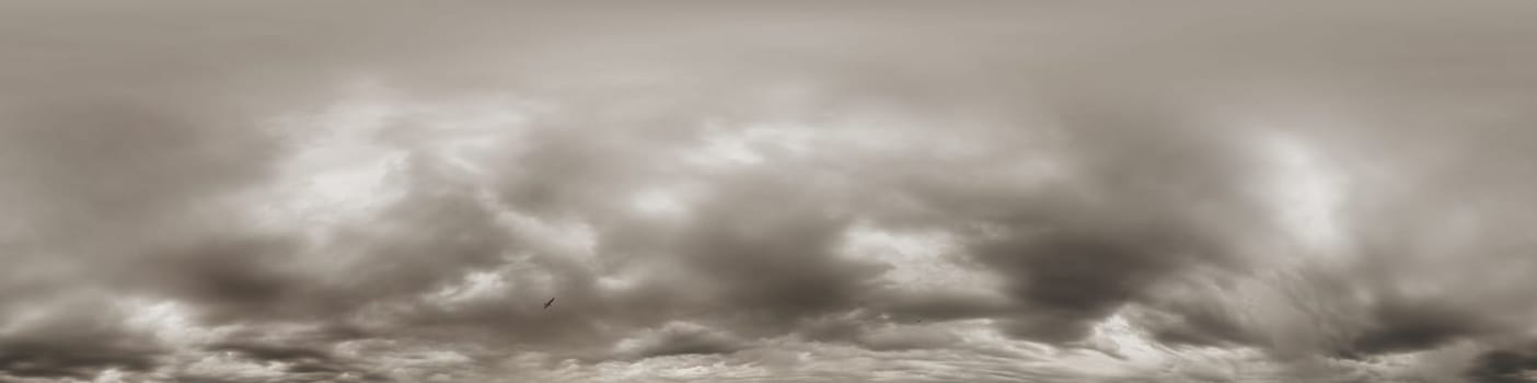 Dark moody rain clouds in dramatic overcast sky. Seamless 360 HDR spherical panorama. Full zenith or sky dome in 3D environment, sky replacement for aerial drone panoramas. Climate and weather change