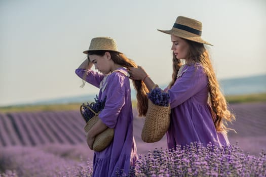 Mom and daughter braiding each other's hair in a field of lavender. The scene is peaceful and serene, with the girls enjoying each other's company and the beauty of their surroundings.