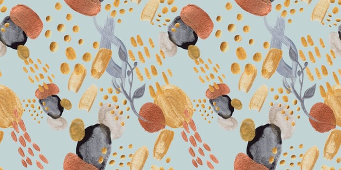 Seamless abstract pattern with gouache painted geometric shapes ovals and dots for textile design and autumn prints