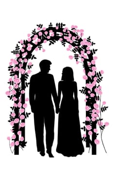 Wedding couple groom and bride under a rose arch, invitation card