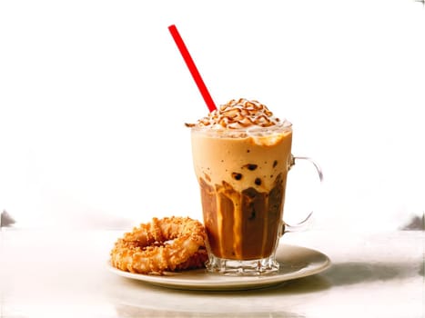 Iced Coffee glass of iced coffee served with straw and creamer against soothing brown Calamari. Food isolated on transparent background.