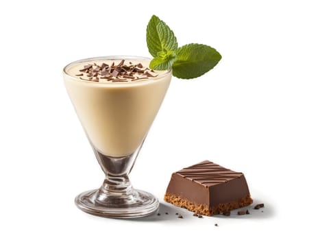 South African Amarula Cream Liqueur in shot glass garnished with slice of chocolate and sprig. Drink isolated on transparent background.
